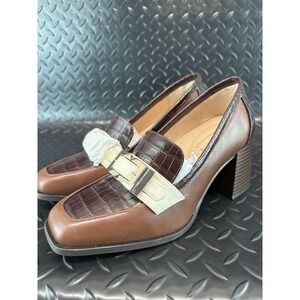Alex Marie Felix Crocodile Embossed Buckle Detail Heeled Loafers Size 6.5 Brown